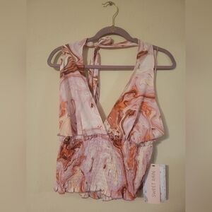 Sweet Rain Pink and Brown Marble Backless Top